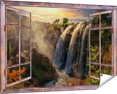 Gards Tuinposter Doorkijk Watervallen vanaf de Kliffen - 150x100 cm - Tuindoek - Tuindecoratie - Wanddecoratie buiten - Tuinschilderij