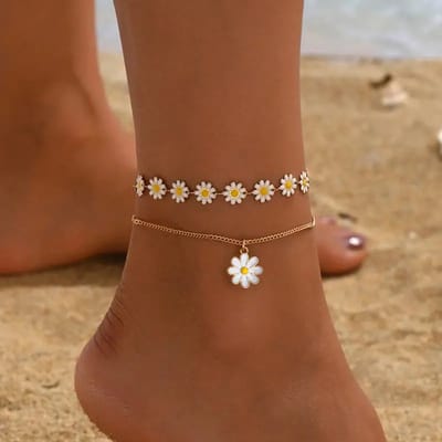 Majo - Enkelband Witte bloemen - Set van 2 - Schattig enkelbanje