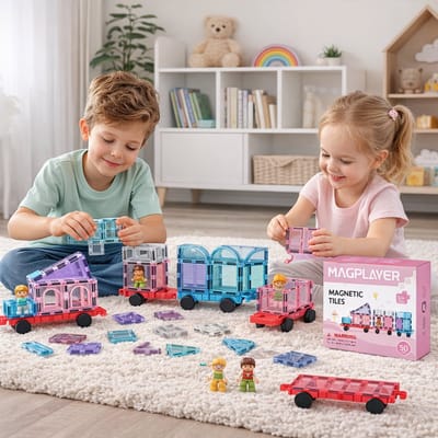 Magplayer Magnetische speelgoed Trein Set 50-delig Pastel – Magnetisch Speelgoed – Magnetic Tiles Trein | Creatief bouwspeelgoed