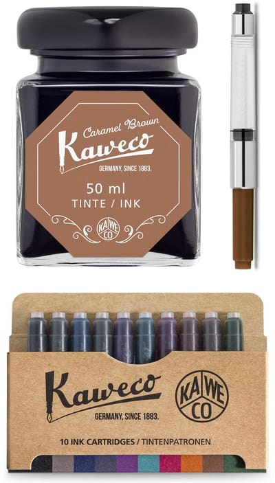 Kaweco - Ink bottle en Standaard Converter - Caramel Brown - potje vulpeninkt - Bruine originele Kaweco-inkt in 50 ml glas - Converter met bruine achterkant - doosje 10 patronen