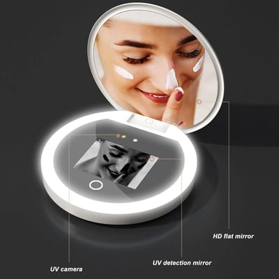 UV Spiegel met Zonnebrandcrème Testfunctie – 2x Vergroting Make-up Spiegel – 3,5 inch Zakformaat – Reismake-up Accessoire met Licht – Compacte Spiegel, Draagbare Make-upspiegel, UV Testcamera