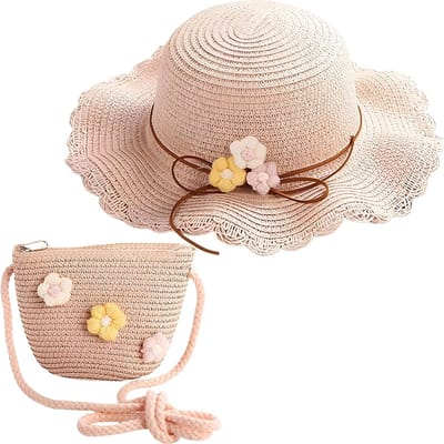 Zomerse Hoed en Stro Bag Set voor Meisjes, Ideaal voor Strand en Buitenactiviteiten, 2 Stuks