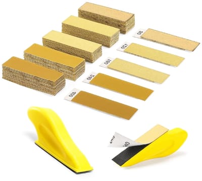 Complete set van 50 schuurpapier met verschillende korrelgroottes (80/120/180/240/400) voor efficiënt schuren en polijsten, ideaal voor houtbewerking en doe-het-zelf projecten.
