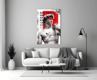 Glasschilderij – David met Rode Veeg – Moderne Street Art – Abstracte Klassieke Kunst - 90x60 cm