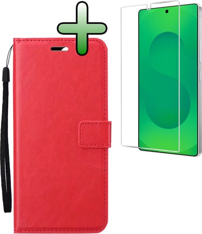 Hoesje Met Screenprotector - Geschikt voor Samsung Galaxy S25 Ultra - Luxe Pasjeshouder - Bookcase Portemonee - Flip Case - Kunstleer Book Case - Flipcase - Book Cover - Walletcase - Portemonneehoes - Rood