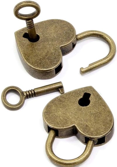Set van 2 hartvormige hangsloten met sleutel in brons, ideaal voor dagboeken, sieraden en opslagdozen.
