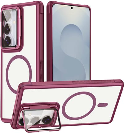 Casemania Hoesje Geschikt voor Samsung Galaxy S26 - Magnetische Transparante Backcover met Wijn Rode Bumper - Camera Shield Kickstand met Volledige Camera Bescherming - Geschikt voor MagSafe