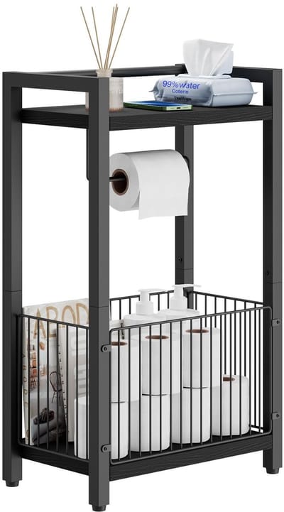 Toiletpapierhouder met opbergplank, badkamer toiletpapier roldispenser met extra ruimte voor rollen, tijdschriften, natte doekjes, zwart