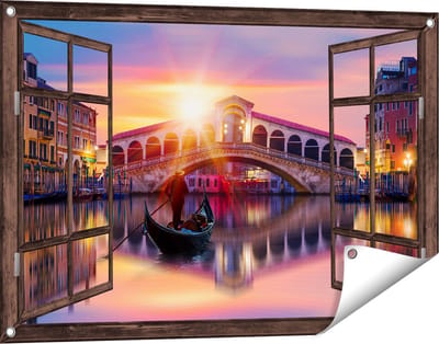 Gards Tuinposter Doorkijk Gondel bij de Rialtobrug in Venetië, Italië - 90x60 cm - Tuindoek - Tuindecoratie - Wanddecoratie buiten - Tuinschilderij