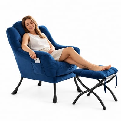 Relaxfauteuil met Hocker - Polyester Loungestoel - Ergonomische Hoofdsteun en Zijvak - Metalen Frame - Belastbaar tot 150 kg - 72 x 80 x 93 cm - Donkerblauw