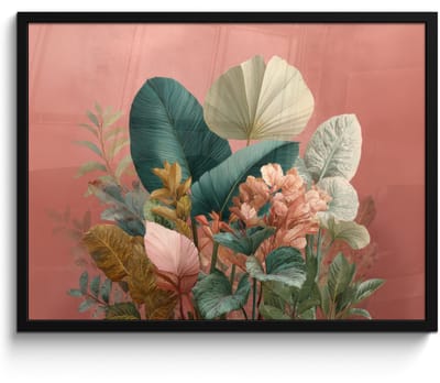 Poster in lijst - Fotolijst 80x60 cm - Posters - Tropische bladeren - Bloemen - Roze - groen - Posterlijst zwart - Decoratie - Wanddecoratie woonkamer - Muurdecoratie slaapkamer