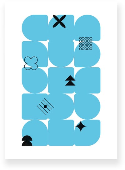 Poster 20x30 cm - Geometrische Vormen - Abstracte Symbolen - Blauw - Wit - Minimalistisch - Grafisch - Muurdecoratie - Wanddecoratie