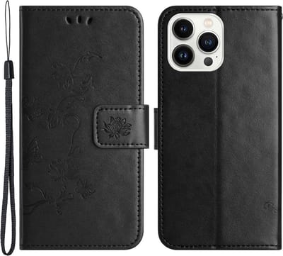Coverup Hoesje - Geschikt voor iPhone 15 Pro Hoesje - Coverup Bloemen & Vlinders Book Case - Zwart