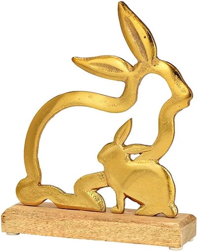 Pasen - Paasdecoratie - Paasdagen - Paashaas - Goudmetalen paashaasjes op mangohouten sokkel.