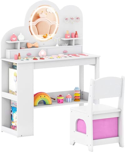 KOMFOTTEU 2-in-1 kaptafel bureau voor meisjes met stoel, prinsessen make-uptafel met LED-spiegel in 3 kleuren, open planken en 2 lades, make-up speelgoed, voor kinderen vanaf 3 jaar
