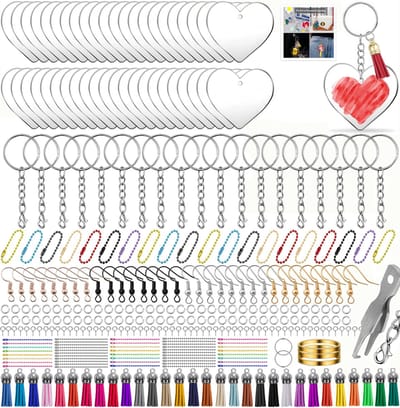 292-Delig Knutselpakket met 30 Karabijnhaak Sleutelhangers, 30 Transparant Plexiglas Plaat, 30 Hangers, 30 Kwastjes, 20 Oorbelhaak - Foto Keychain, Oorbellen, Sieraden Maken - Knutselen voor Meisjes, Jongens, Volwassenen - Sleutelringen Sleutellabels