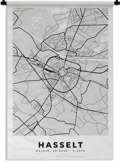 Wandkleed - Wanddoek - Plattegrond – Hasselt – Zwart Wit – Stadskaart - Kaart - 120x180 cm - Wandtapijt