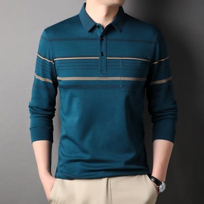 Automne et Hiver Nouveau T-shirt Mode Homme Polo à Revers Rayé Vêtements Homme Sous-vêtement Haut à Manches Longues T-shirt Homme XL blue