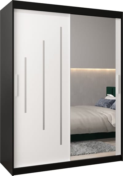 InspireMe - Kledingkast met 2 schuifdeuren, Modern-stijl, Een kledingkast met planken en een spiegel (BxHxD): 150x200x62 - MALTESE II 150 Zwart Mat + Wit Mat