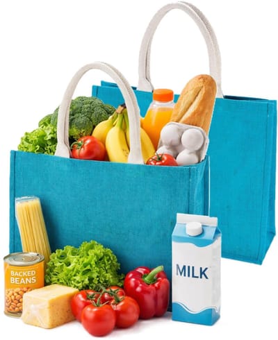 Jute boodschappen strandtas - 2x - blauw - 42 x 36 cm - Strandartikelen beach bags/shoppers - 22 liter