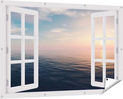 Gards Tuinposter Doorkijk Zee Water tijdens Zonsondergang - 150x100 cm - Tuindoek - Tuindecoratie - Wanddecoratie buiten - Tuinschilderij