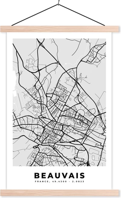 Posterhanger incl. Poster 40x60 cm - Schoolplaat - Kaart - Stadskaart - Frankrijk - Beauvais - Plattegrond - Textielposter - Blanke latten - Stadskaart