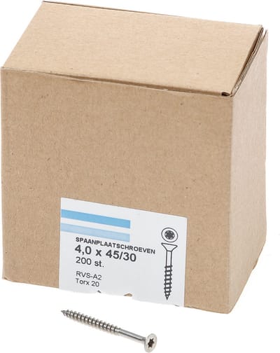 Hoenderdaal - Torx 20 Platkop Spaanplaatschroeven - 4x45mm - RVS A2 Deeldraad (200 stuks)