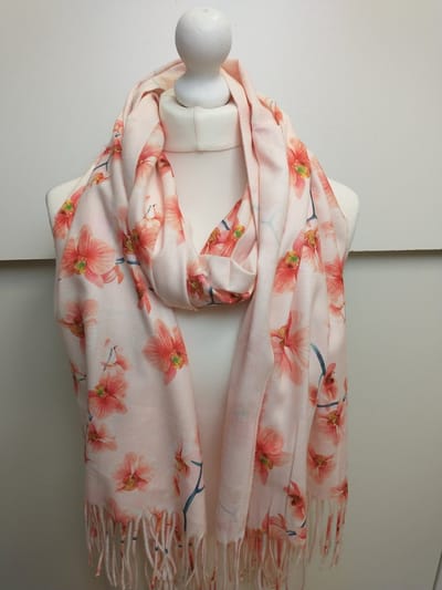 Lange warme dames sjaal Miya-gebloemd motief-orchidee oranje wit abrikoos groen geel bruin blauw zwart rood-wintersjaal