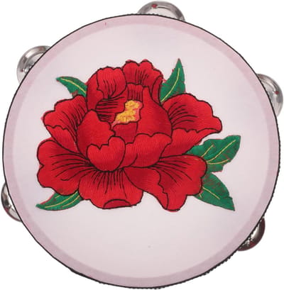 Tamboerijn met bloemenborduurwerk - Handtrommel Percussie-instrument - Muziekonderwijs - Eenzijdig bloemenmotief - 175 cm - Rood