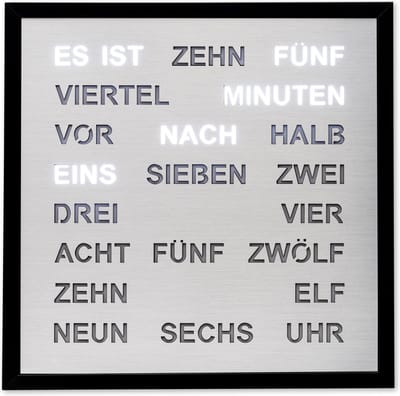 Intertime | Woordklok | Wandklok | 40x40 | Zilver | Duits - mooie klok met Duitse Tekst / tekst in Woorden / met snoer / 220V