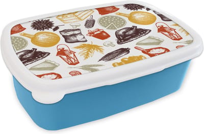 Broodtrommel Blauw - Lunchbox - Brooddoos - Thanksgiving - Patronen - Dinner - 18x12x6 cm - Kinderen - Jongen