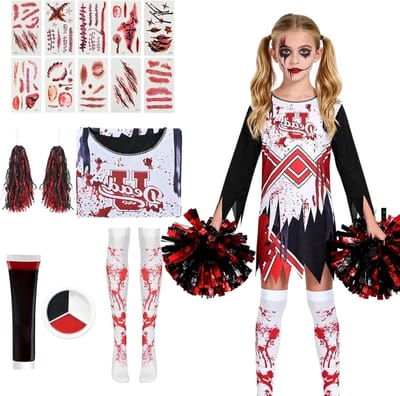 Zombie Cheerleader Kostuum voor Kinderen met Pompoms, Nepbloed, Tatoeages en Make-up voor Halloween en Carnaval
