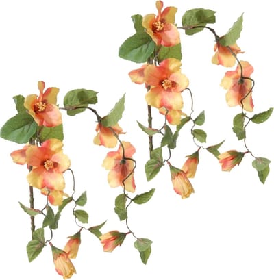 Louis Maes Hibiscus kunstbloemen - 2x - perzik - hangende tak - 165 cm - zomer decoratie - levensecht - pvc kunststof