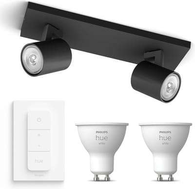 Philips Hue Runner Opbouwspot (Zwart) - Warmwit Licht - Incl. Hue Dimmer Switch - Plafondspot met 2 Lichtpunten - GU10 - Hue White