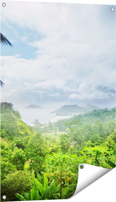Gards Tuinposter Jungle Uitzicht op de Seychellen - 60x90 cm - Tuindoek - Tuindecoratie - Wanddecoratie buiten - Tuinschilderij