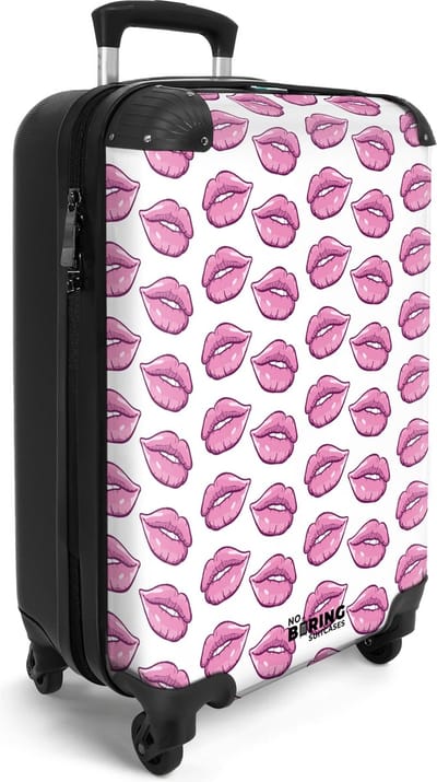 NoBoringSuitcases.com® - Handbagage koffer lichtgewicht - Reiskoffer trolley - Wit met roze lippen print - Luggage suitcase - Rolkoffer met wieltjes - Past binnen 55x40x20 en 55x35x25