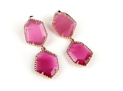 Zilveren oorringen oorbellen Model Hexagon met roze stenen