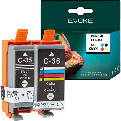 Evoke Compatibele Inkt voor Canon Pgi-35 Cli-36 Pgi35 Cli36 XL 2X: Pgbk Zwart Pigment+Tri-Color Cmy Cyaan Magenta Geel 22 ml 450 Pagina's Pixma Ip100 Ip110 Mini260 Mini320 Tr150