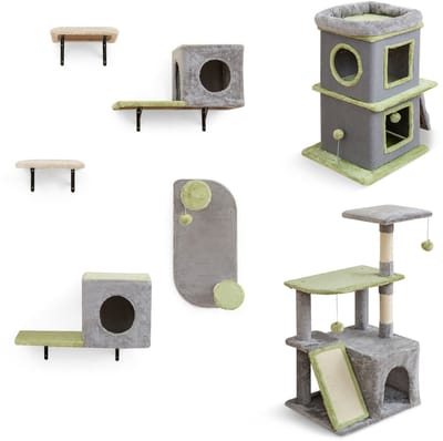 COSTWAY Krabton kattenton, 3 verdiepingen tellende krabpaal, kattenhuis met grote ligstoel, krabplank, 2 kattenholtes & bal, speelton met afneembare hoes, kattenboom, kattenkrabpaal, klimboom, grijs