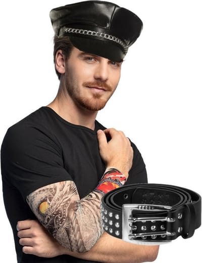 Boland Carnaval Verkleed set Rocker/Biker - Heren - pet/riem en arm sleeves met tatoeages