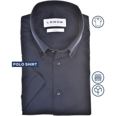 Ledub modern fit overhemd - korte mouw - jersey - donkerblauw - Strijkvriendelijk - Boordmaat: 37