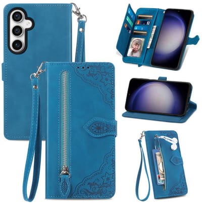 YPCd Portemonnee Bookcase Hoesje Geschikt voor Samsung Galaxy S23 FE – PU Leren Wallet Flip Cover met Ritssluiting – Pasjesvakken & Polsbandje – Standfunctie – Bloemen – Blauw