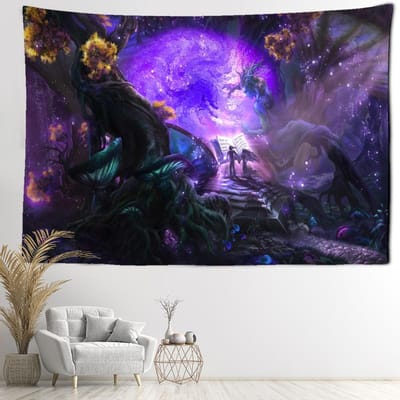 Cartoon Psychedelisch Bos Wandtapijt Muurhanger Boheems Kawaii Eenvoudig Slaapzaal Woonkamer Decor Achtergronddoek 95x70CM purple