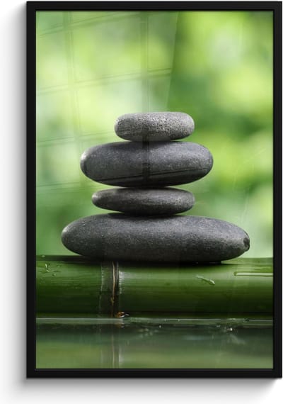 Poster in lijst - Fotolijst 60x90 cm - Posters - Zen - Stenen - Groen - Natuur - Bamboe - Posterlijst zwart - Wanddecoratie badkamer - Muurdecoratie WC - Decoratieve accessoires - Toilet muur decoratie