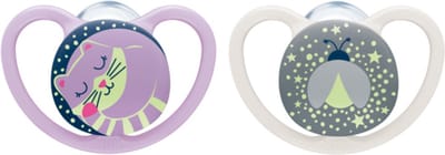 Nuk Space Night- siliconen fopspenen, 2st. set- gloeit in het donker- 0-6 maanden