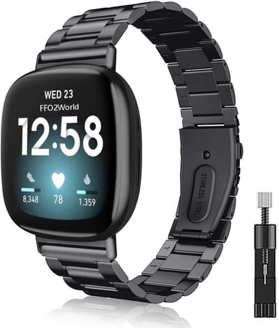 Stravo - Metaal Schakelbandje voor Fitbit Versa 4/Versa 3/Sense 1/Sense 2 – Zwarte Smartwatch bandje – Stevige RVS Vervangingsbandje Zakelijk Armbandje