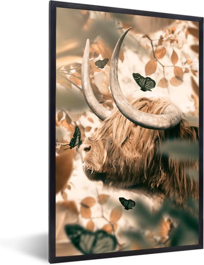 Fotolijst incl. Poster - Schotse hooglander - Zon - Vlinders - 80x120 cm - Posterlijst