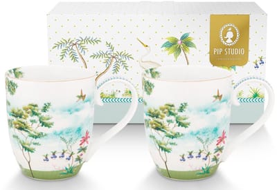 Pip Studio Jolie set/2 mok Heron 450ml - wit - porselein - mokken set van twee - XL 450ml