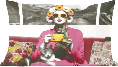 Sierkussens - Kussentjes Woonkamer - 60x40 cm - Vrouw - Kat - Bloemen - Kopje - Retro