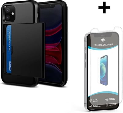 ShieldCase Kaarthouder case met slide geschikt voor Apple iPhone 12 / 12 Pro - hoesje met ruimte voor pasjes - pasjeshouder - hardcase - zwart + glazen Screen Protector